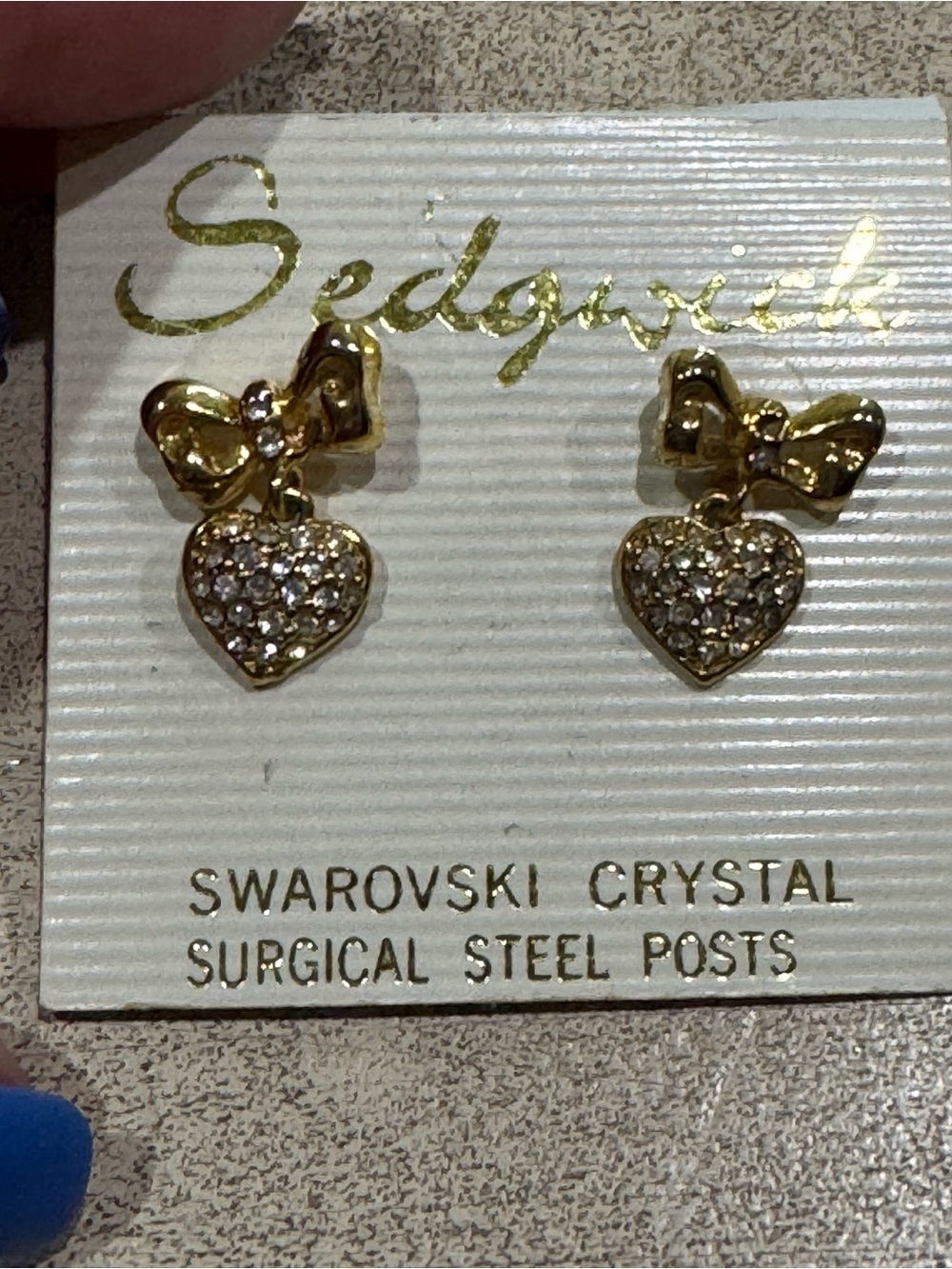 New Swarovski Crystal Earrings Heart And Bow  Drop With Pave By Sedgwick Vintage